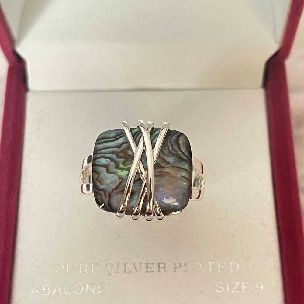 Abalone Shell Statement Ring Silver Over Brass Size 9
